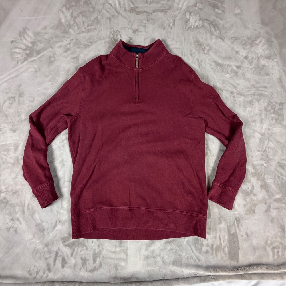 Lands End Mens Quarter Zip Pullover Sweater Maroon Burgundy Ribbed Knit Large